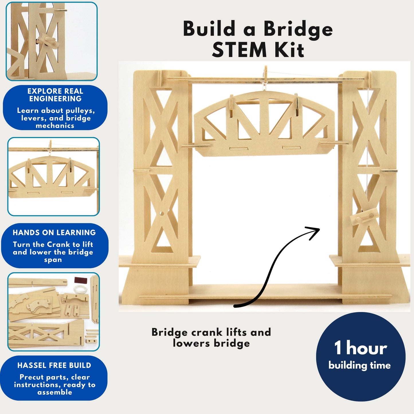 Pathfinders STEM Kit – Bridge Building Kit | Wooden Mechanical Engineering Toy for Kids Ages 7-9 | Lift Bridge 3D Puzzle | Educational Science & STEM Project