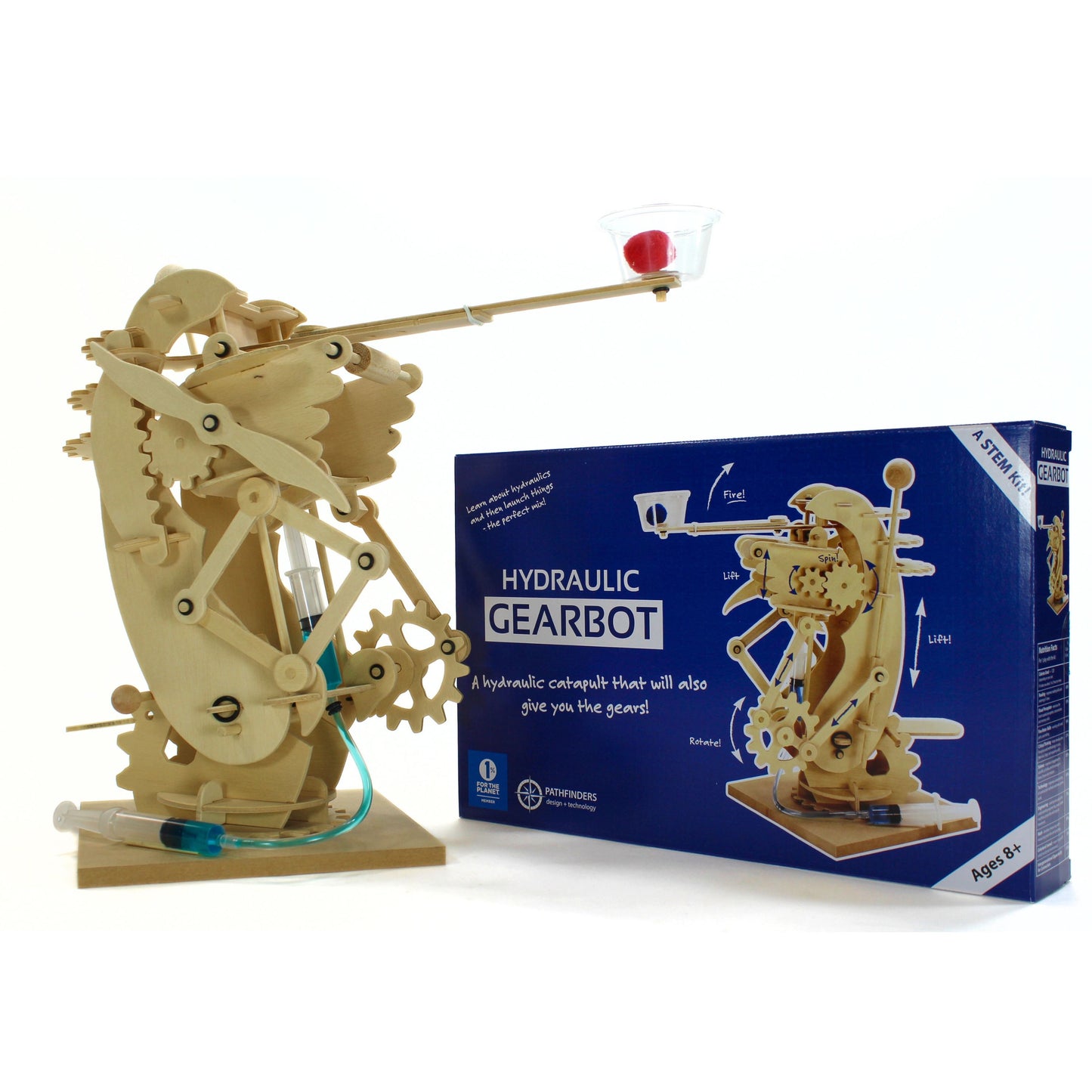 Pathfinders STEM Kits- Hydraulic Gearbot  – Wooden STEM Building Catapult | Build-It-Yourself Hydraulic Robot with Gears & Launcher | Educational Engineering Toy & Gift Teens and Adults